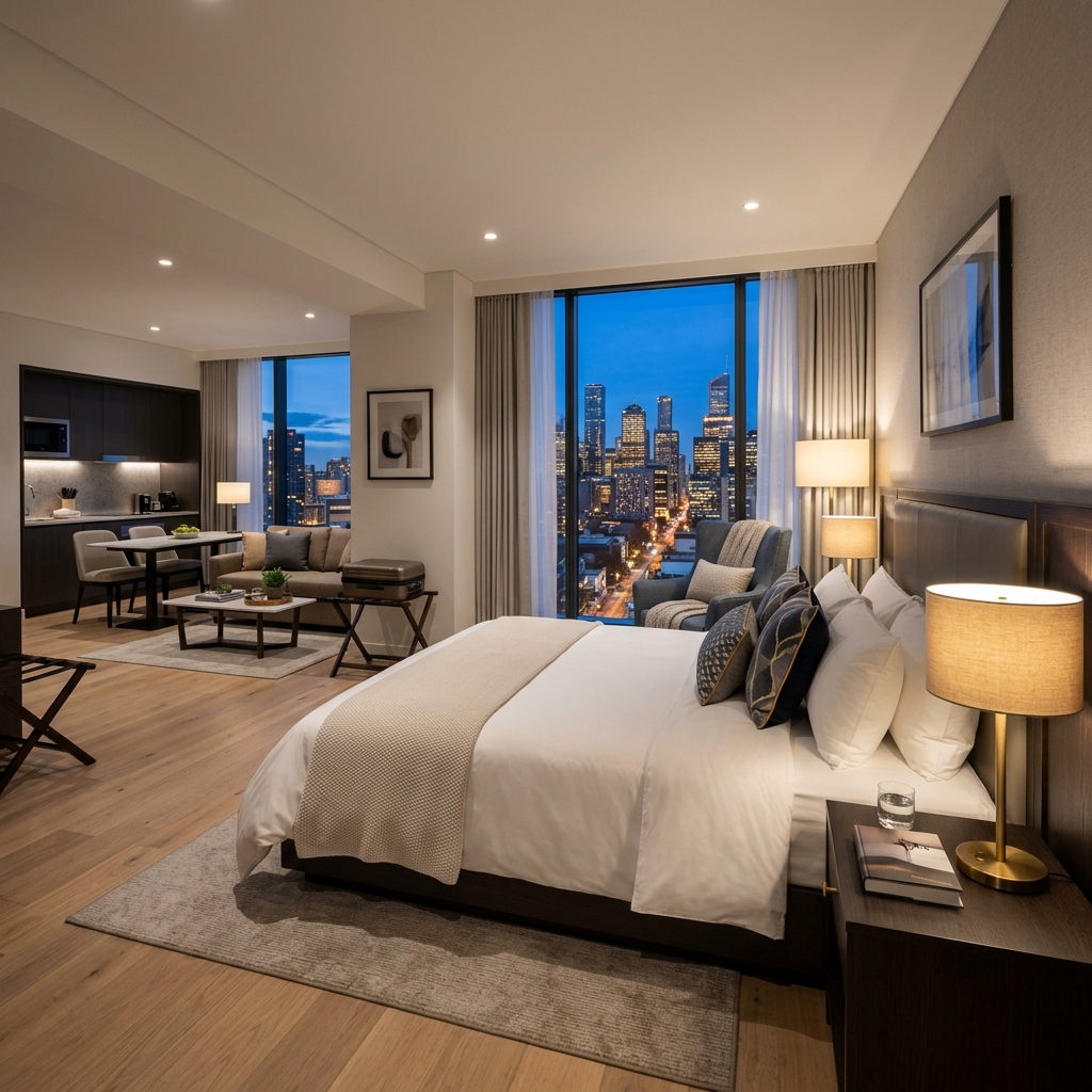 A spacious extended-stay suite with a queen bed, warm lamp light, and an evening view