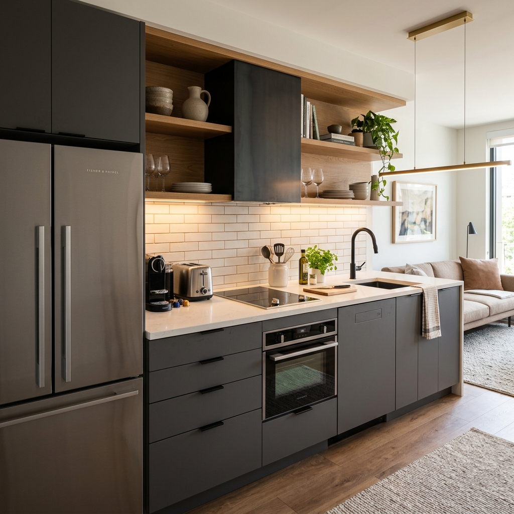 A full in-suite kitchen with a stovetop, full-size refrigerator, and counter space